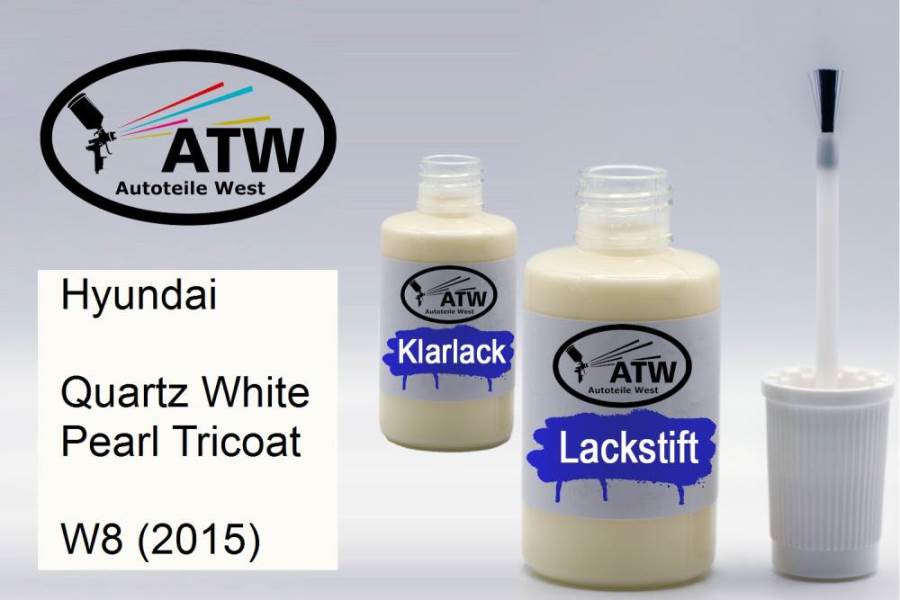 Hyundai, Quartz White Pearl Tricoat, W8 (2015): 20ml Lackstift + 20ml Klarlack - Set, von ATW Autoteile West.